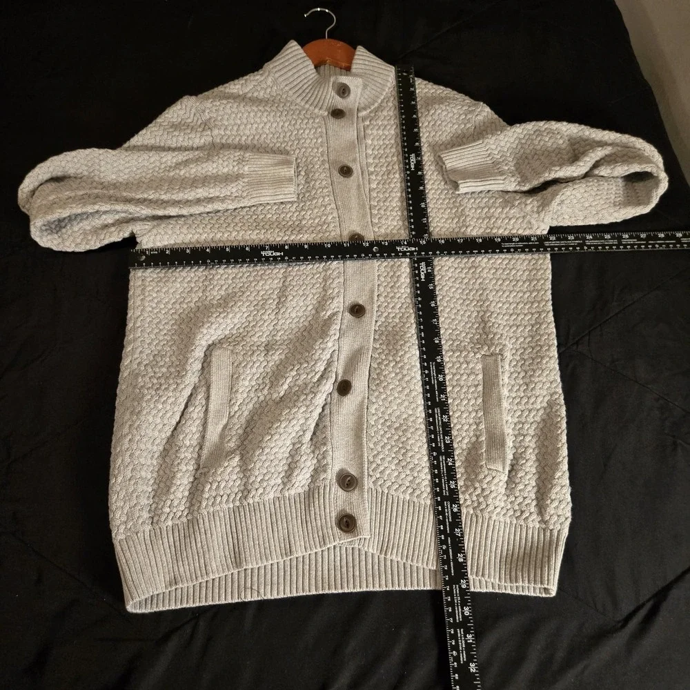 Lands' End Cardigan Sweater Mens Large Gray Drifter‎ Button Front Mock Neck Knit